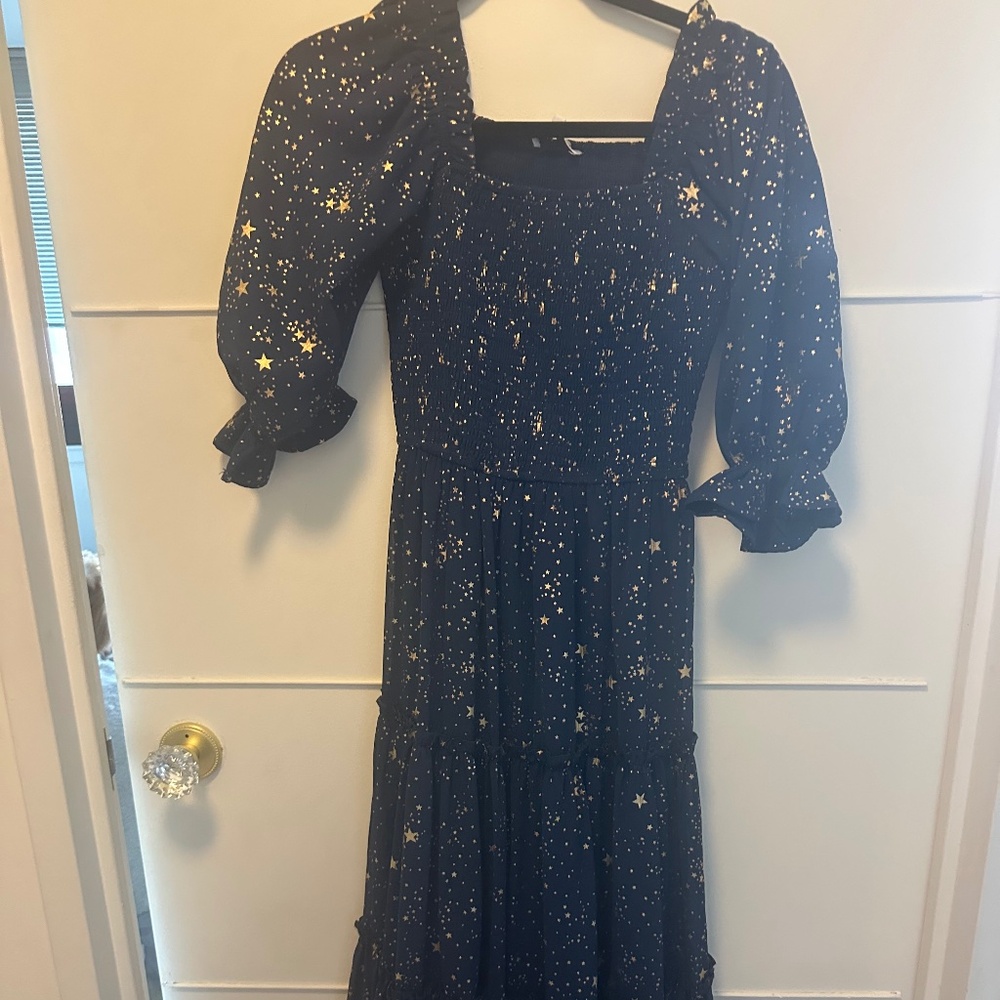 Ivy City Co Starry Nights Dress - metallic, sleeves, smocked